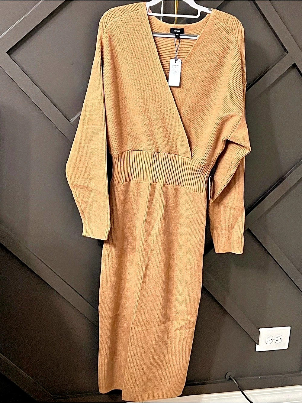 Express Ribbed V-Neck Surplice Midi Sweater Dress Women's Maxi Dress in Orange